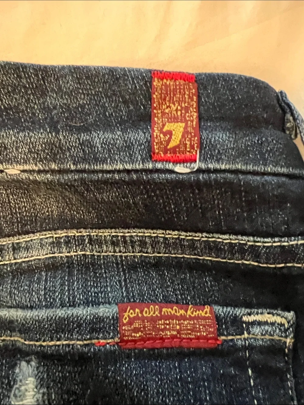 7 For All Mankind Dark Blue Denim Bootcut Jeans with Embellished Back Pocket
